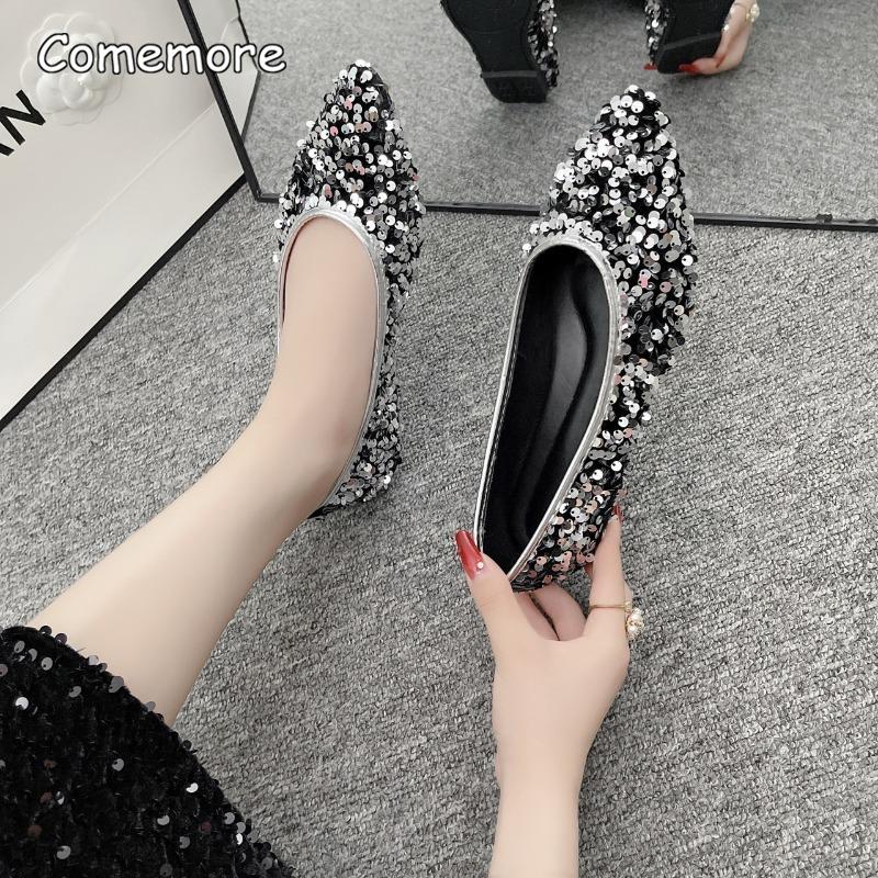 Fashion Shiny Sequins Women's Casual Flat Bottom Shoes Pointed Toe Slip-On Large Size36 43 Summer Loafers Soft Sole Women Shoes Fashion
