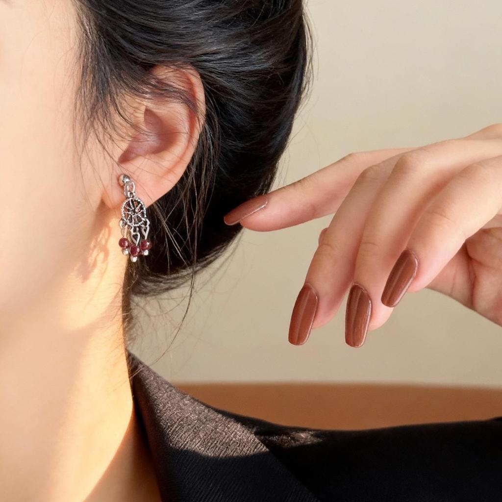 Dreamcatcher Tassel Earrings for Women - Wine Red Beads, Hanfu Style, High-End Design