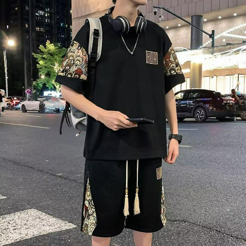 Embroidered Stitching Short-sleeved T-shirt Men's Summer Retro Sports Shorts Suit Men's Set