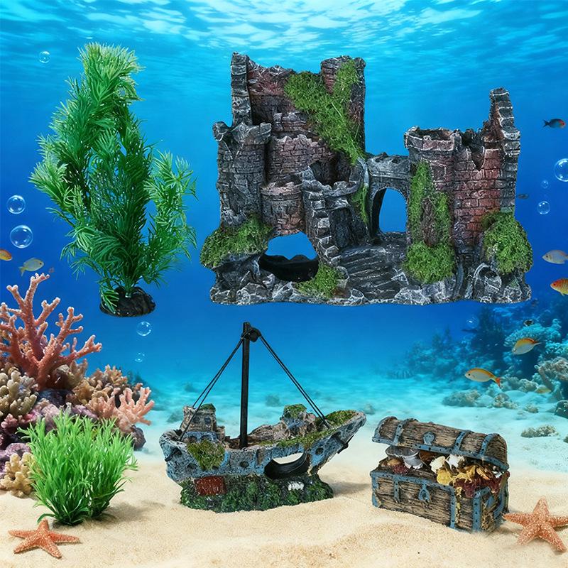 Reptile & Aquatic Decor Set: Resin Ship & Castle Ornaments with Simulated Plants