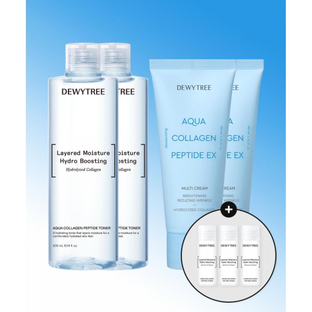 Dewytree [eXclusive Sunlaunch Family Large Volume] Aqua Collagen Peptide Toner 300ml X 2 + 80ml Cream X 2  9ml 3 Free Toner none