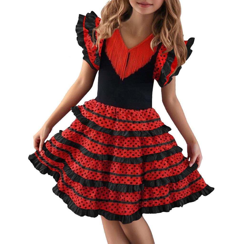 Dívčí Flamenco taneční šaty Vrstvená volánková sukně Krátký rukáv Výstřih do V Styl princezny Párty kostým Šaty pro děti