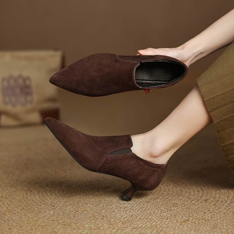 Krazing Pot Sheep Suede Autumn Winter Shoes Stiletto Med Heels Size 43 Size 42 Pointed Toe Concise Style Deep Mouth Pumps