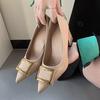 Internet celebrities with the same large size patent leather square buckle single shoes thick heel middle heel pointed head shallow mouth women's shoe