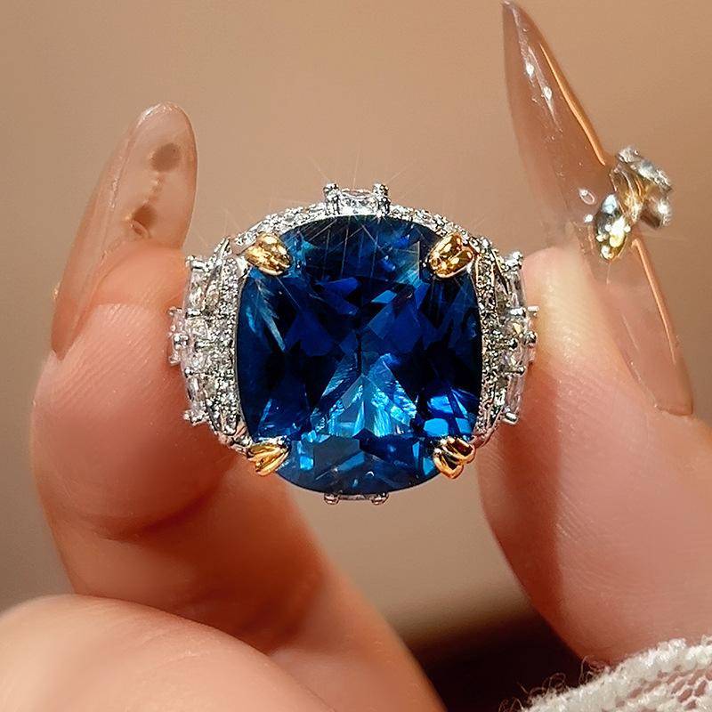 

Ювелирное кольцо, циркон женский прямоугольный имитация сапфира, параиба высокого класса цельное.