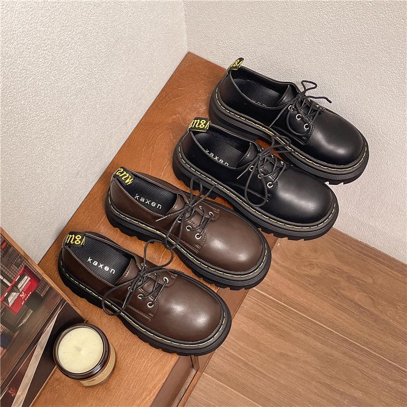 Large Size Platform British Style Lace-up Small Leather Shoes Round Head 2024 Thick Heel Loafers Autumn Retro Muffin Single Shoes Women