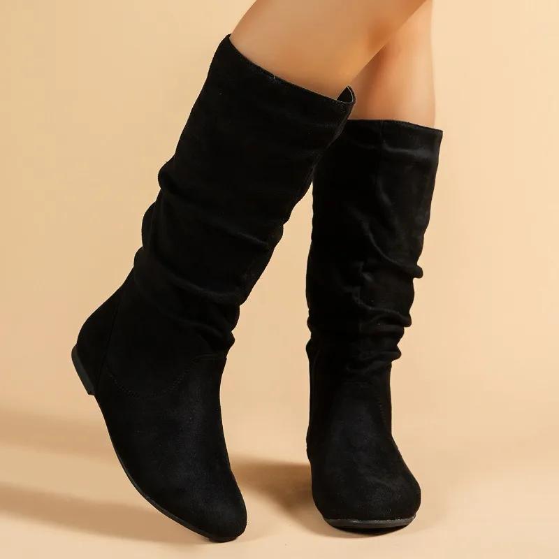 

Мода 2024 года, распродажа обуви, женские ботинки с боковой молнией, женские зимние ботинки с круглым носком, средней высоты, на низком каблуке, большие размеры, Zapatos De Mujer 42 чёрный