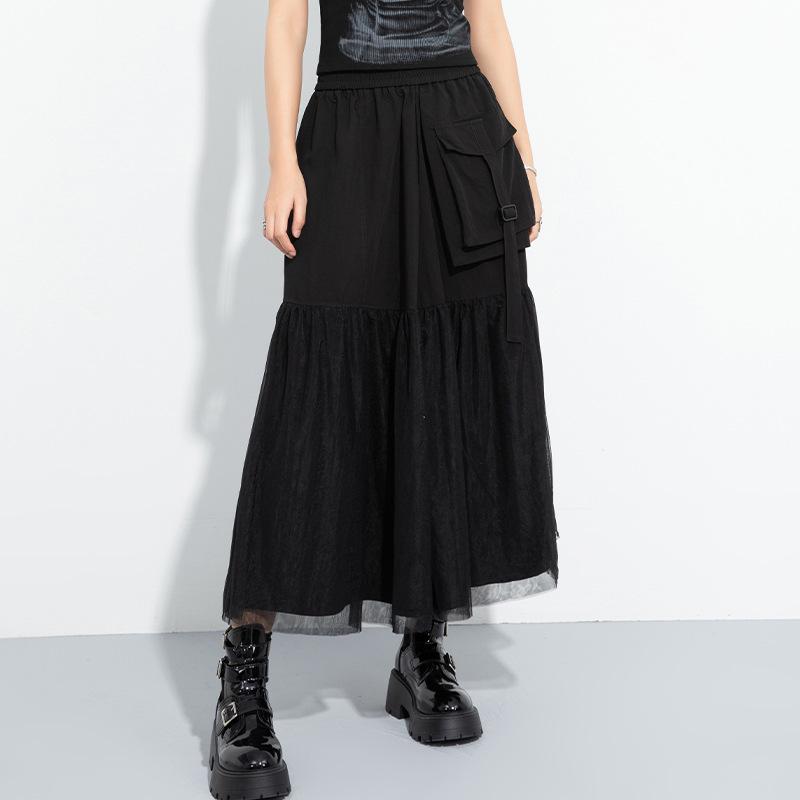 Dark Style A-Line Mesh Patchwork Skirt: Casual, Mid-Length, Elastic Waist, Irregular Flare