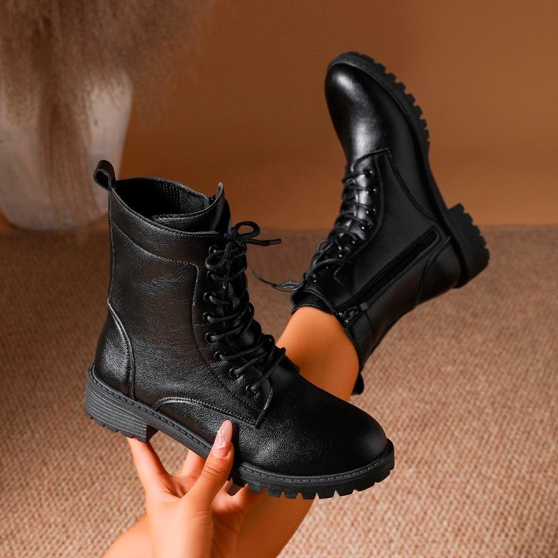 Cizme moderne din piele PU neagră pentru femei, toamnă-iarnă, cu șireturi, cu platformă, botine până la gleznă, cu fermoar, cu pluș scurt, pentru femei