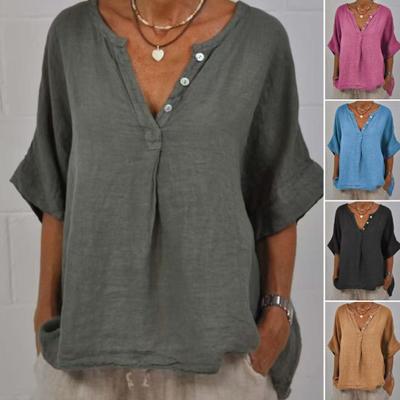 Cotton Linen Women Shirt V-Neck Buttons Half Placket Half Sleeve Breathable Loose Fit Tops Daily Wear