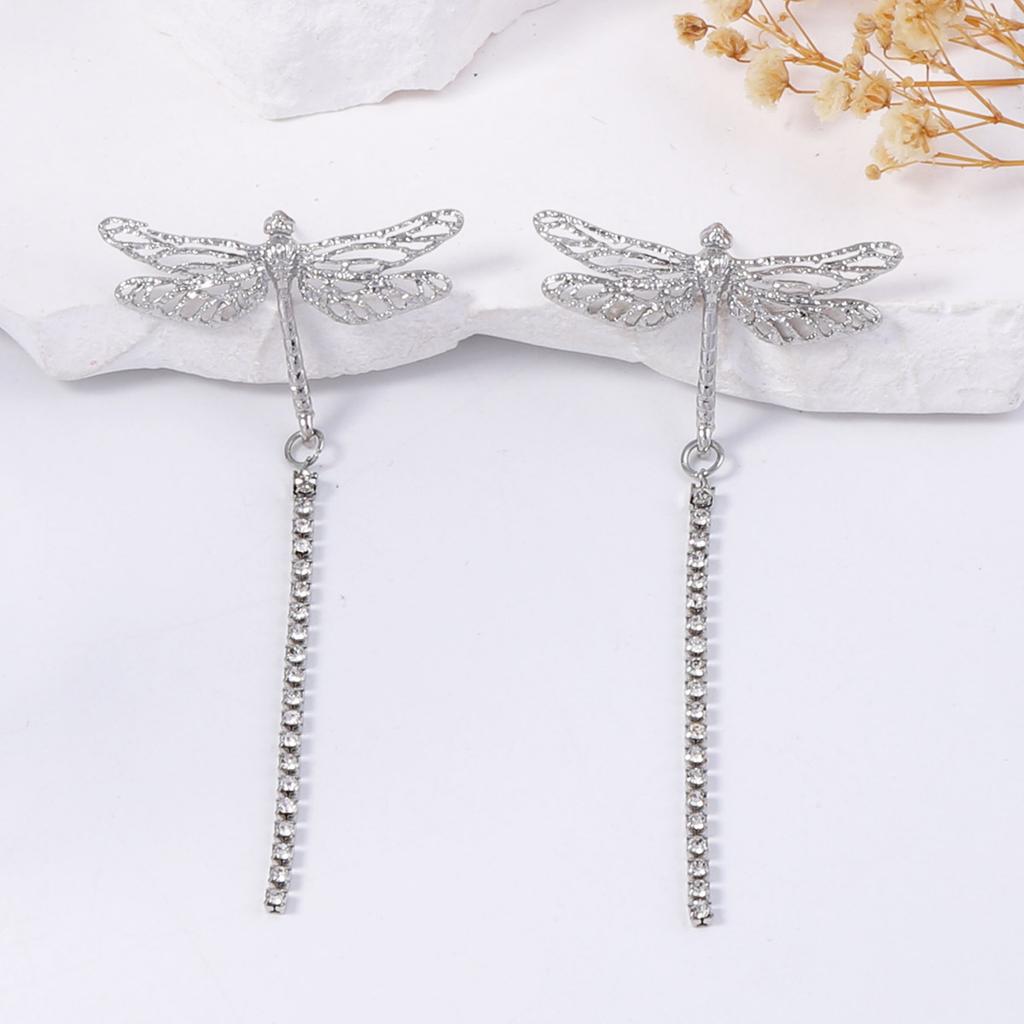 Simple fashion light luxury high-end design gold inlaid zircon long tassel dragonfly animal pendant earrings