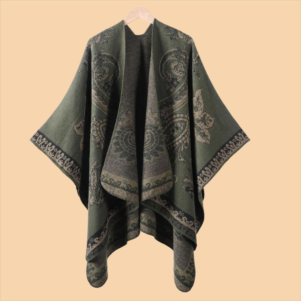 Versatile Plaid Women's Faux Cashmere Shawl: Ethnic Style Slit Cape for Autumn/Winter