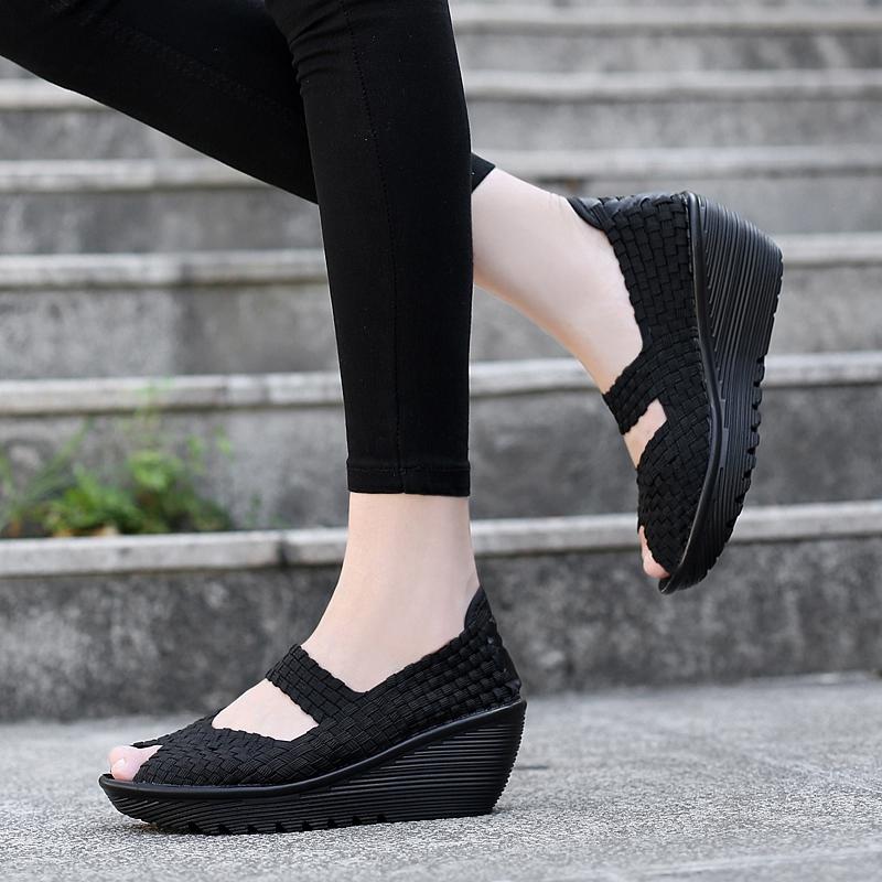 Sandales d'été noires pour femmes, avec tresse, pour la plage, à enfiler, semelle épaisse, plateforme, bout ouvert, grande taille