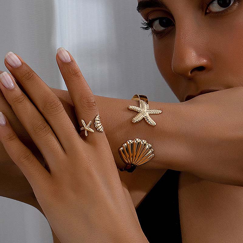 Stainless Steel Starfish Shell Open Bracelet Rings For Women Men Exaggerated Silver Color Geometric Adjustable Bracelet Jewelry