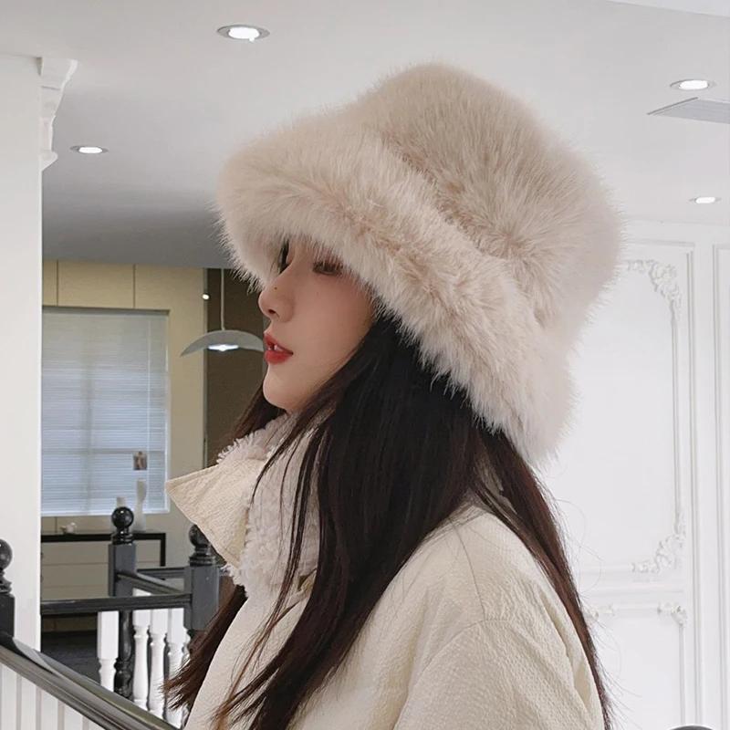 New Autumn Winter Faux Fur Bucket Hat Women'S Wide Brim Solid Color Korean Senior Warm Fisherman Cap Fashion Party Panama Caps