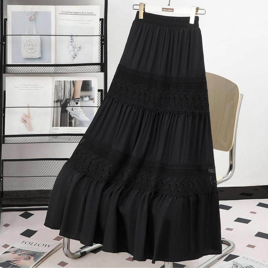 Spring 2026 Elegantly Slimming High-Waisted A-Line Midi Skirt with Lace Panels