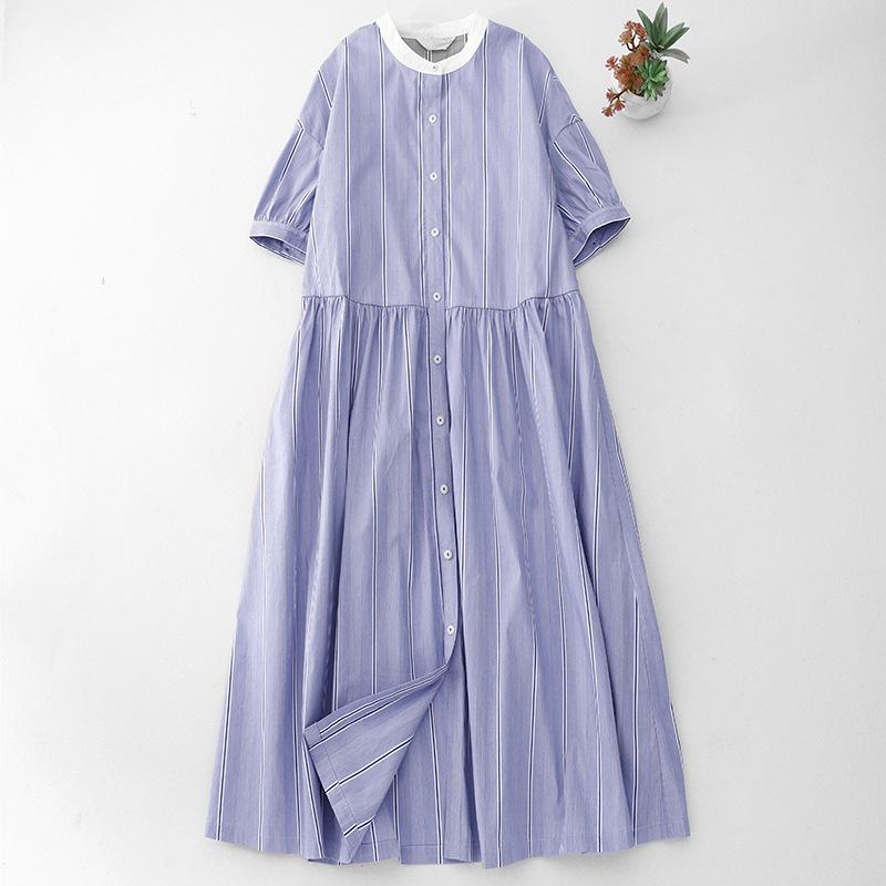 2025 Spring New Round Neck Short-sleeved Cardigan Dress Women's Small Striped Medium and Long Shirt Skirt