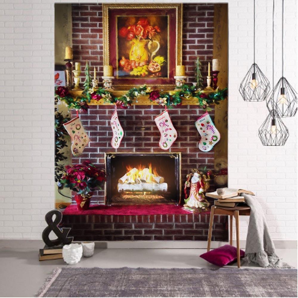 Świąteczny gobelin Prezenty świąteczne kominek Święty Mikołaj Choinka gobelin pokój akademik dekoracja wnętrz wisząca na ścianie