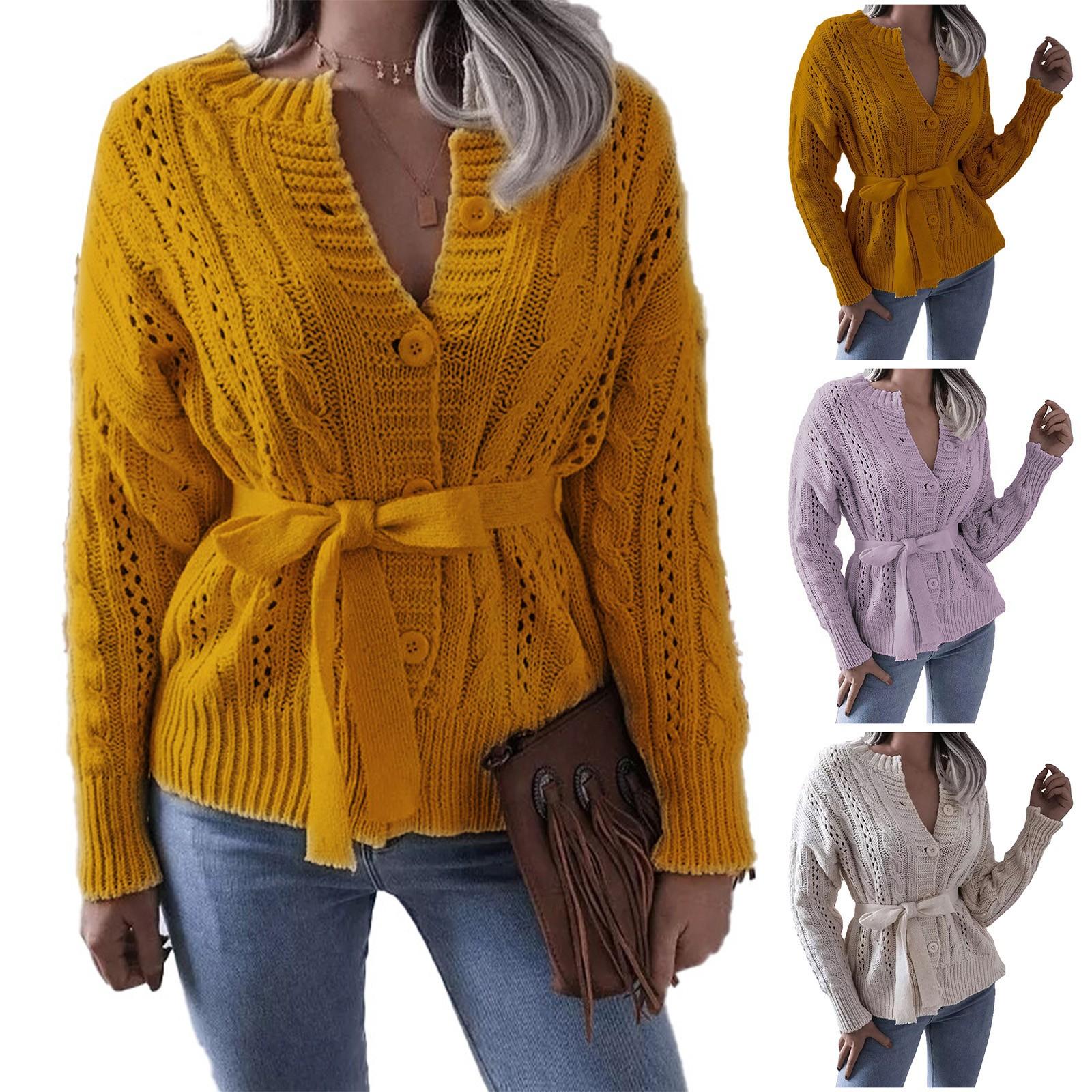 

Women s Fashion Solid Colour Button Waist Long Knitted Cardigan Jacket Top