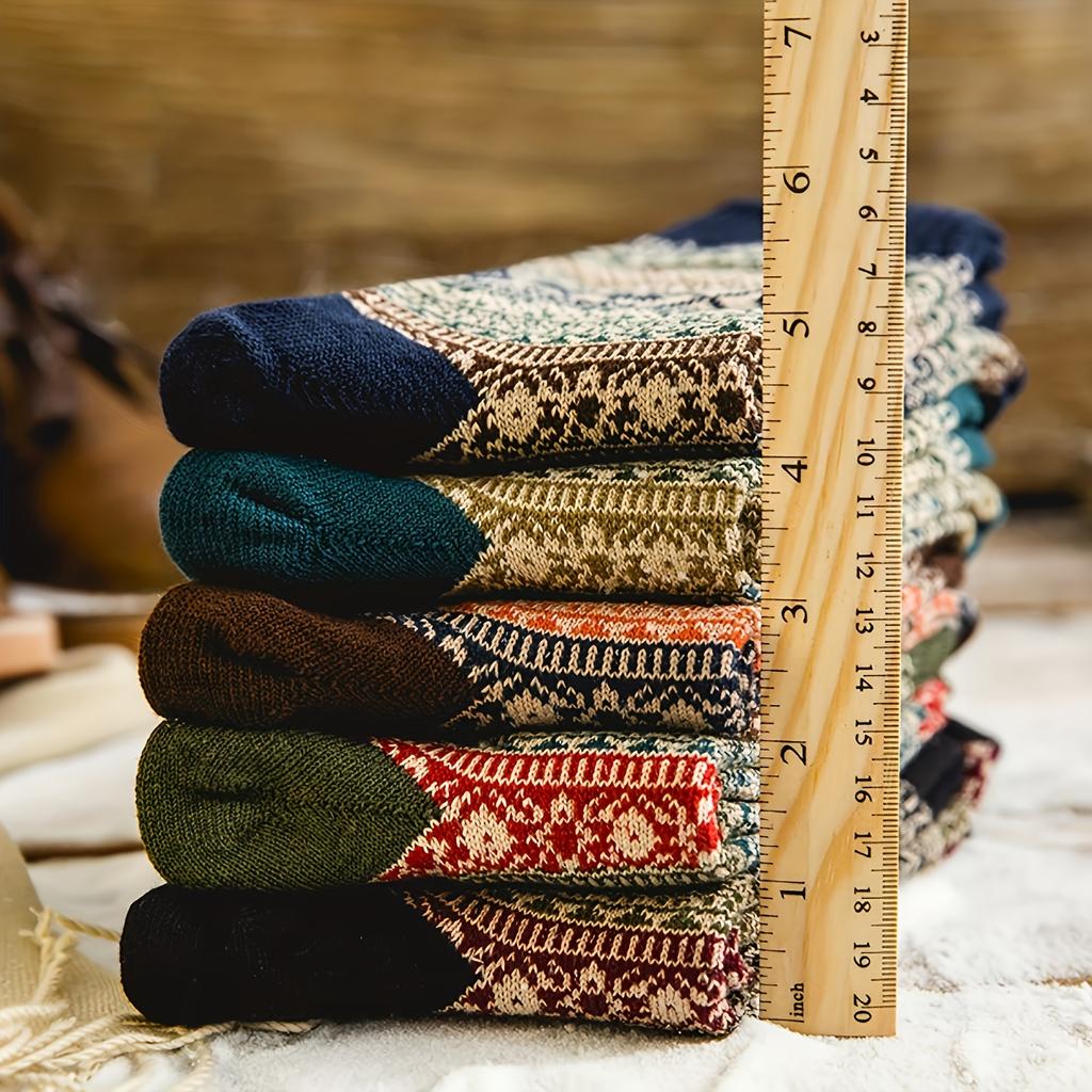 Women's Winter Warm Socks 5 Pair Set - Geometric Pattern, Thick Knitted, Soft Polyester and Spandex Blend, Elastic and Comfortable