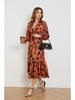 Orange New Long Dress For Women V Collar Pullover Lantern Sleeves A-line Floral Print Elegant Ladies's Dress