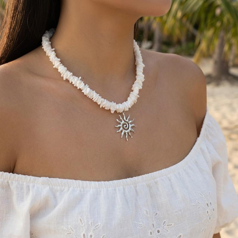 1Pcs Vintage Silver Color Sun Pendant Necklaces Bohemian Rainbow Beaded Choker Necklace For Women Summer Beach Jewelry Gift