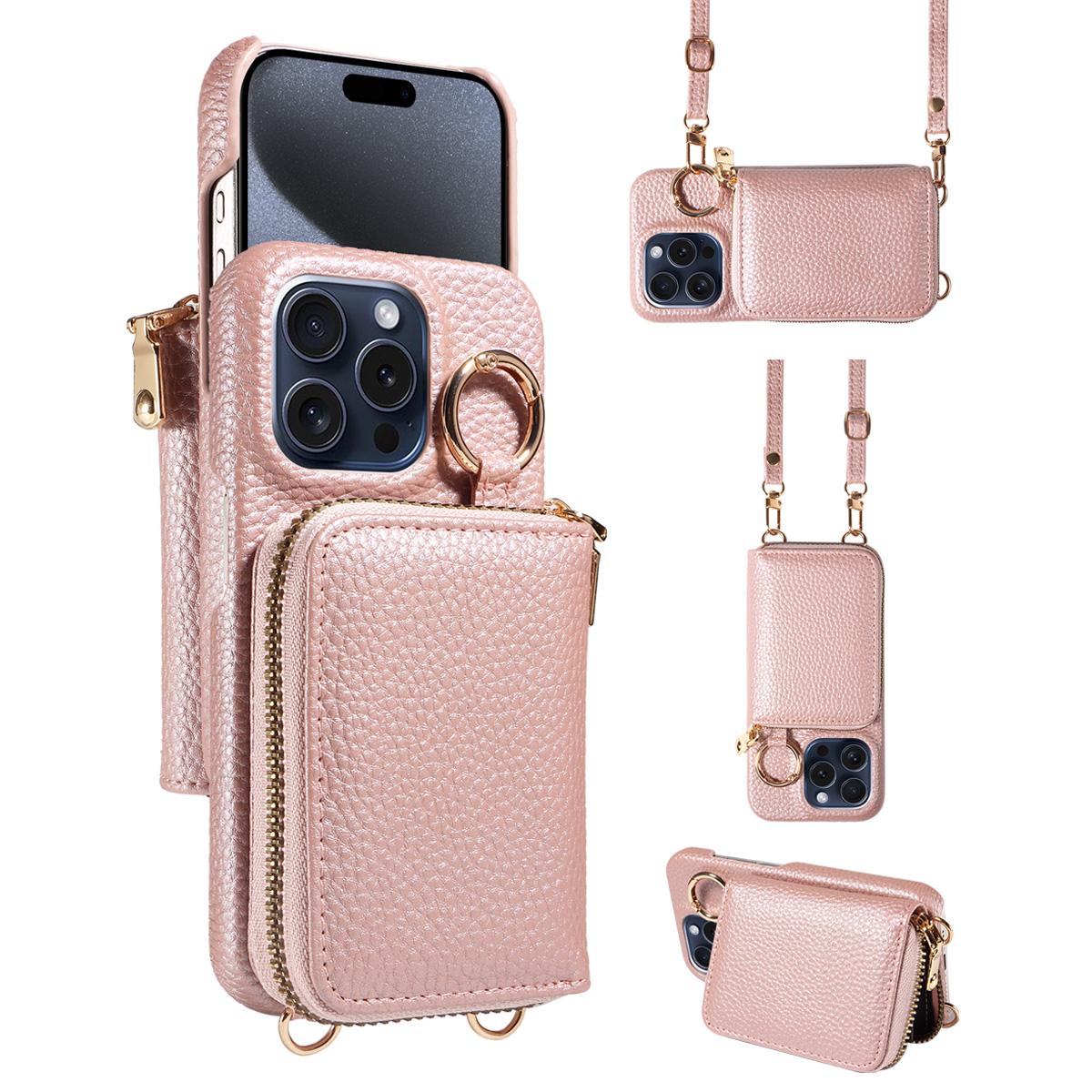 Étui de téléphone en cuir pour iphone16 Pro Max15 14Plus13 12 Mini 11Pro Max - démagnétisation avec cordon à lanière Fermeture éclair Emplacements pour cartes Housse Portefeuille For iPhone 14&Artificial leather&Case & Strap rose or