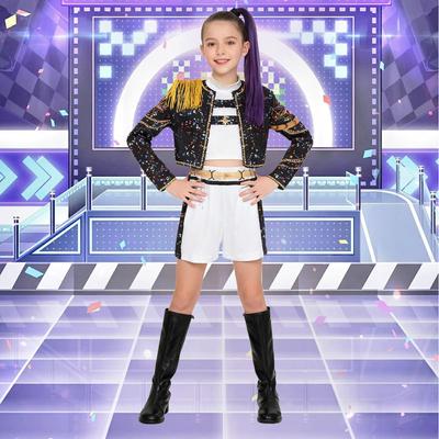 K-POP Hunter Magisches Mädchen Cosplay Kostüm Schwarz Gold Bühnenauftritt Outfit Kinder Koreanischer Stil Polyurethan Stoff