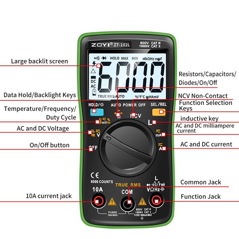 ZOYI ZT102L Digital Multimeter 6000 Counts Auto Range Backlight AC/DC Ammeter Volt Ohm Tester Portable Meter Multimeter