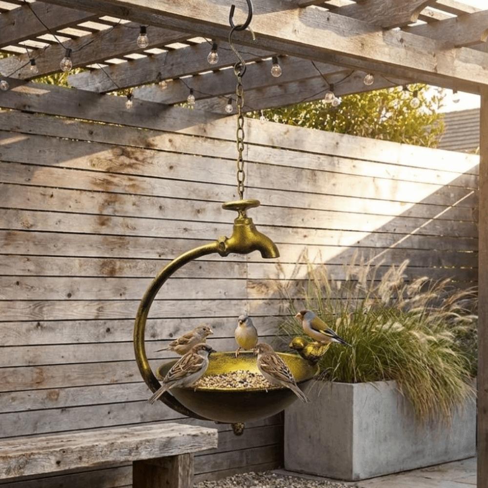 Faucet Design Metal Bird Bath Handcrafted Iron Bird Feeding Bowl Hanging Bird Feeder  Backyard Use