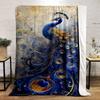 Elegant Blue Peacock Design with Golden Details Flannel Blanket for Bedroom, Living Room, Sofa, and Nap