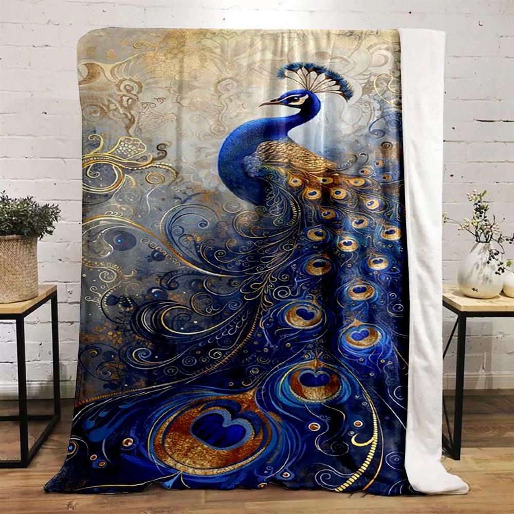Elegant Blue Peacock Design with Golden Details Flannel Blanket for Bedroom, Living Room, Sofa, and Nap