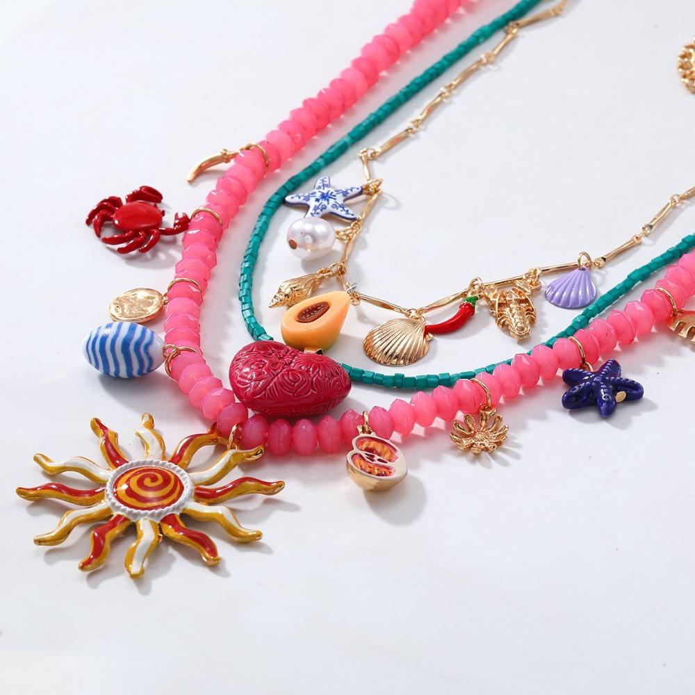 3PCS Multi-layer Summer Vacation Beaded Necklace Dopamine Ocean Style Pendant Necklaces