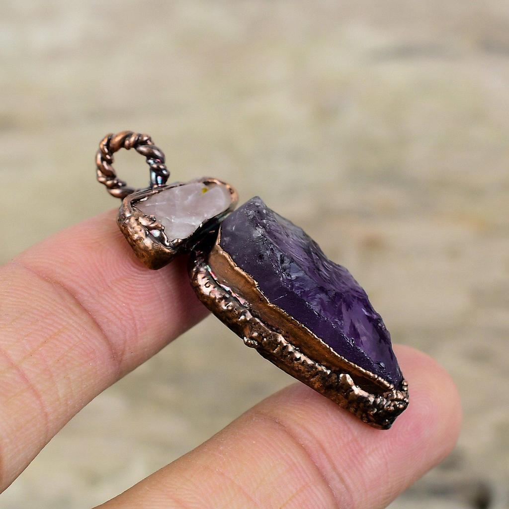 African Amethyst Rough Pendant Rose Quartz Rough Pendant Electroformed Copper Pendant Electroformed Gemstone Jewelry Engagement Gift For Her
