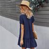 Summer Women Casual Short Dress V Neck Single Breasted A Line Solid Color Dresses Spring Summer Apricot Navy Blue Sizes S M L XL