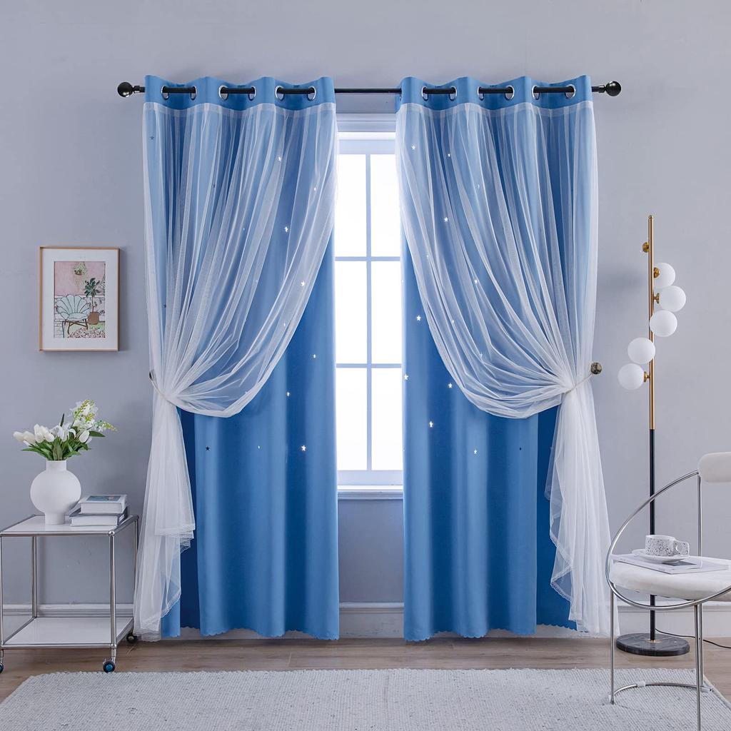 Double Layer Curtains with Star Cut-Outs Blackout Rod Pocket Drapes Projects Beautiful Starry Patterns Home Window Decor