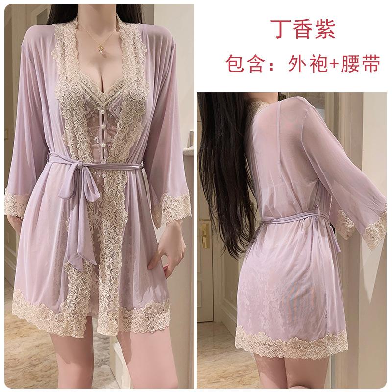 Hot backless women's pajamas deep V plus chest pad sweet mesh sexy velvet pajamas robe set C