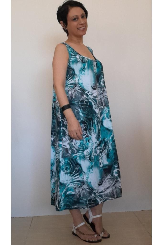 Women's Big Size Dress Blue Patterned Combed Viscose Dress with Gathered Front and Back