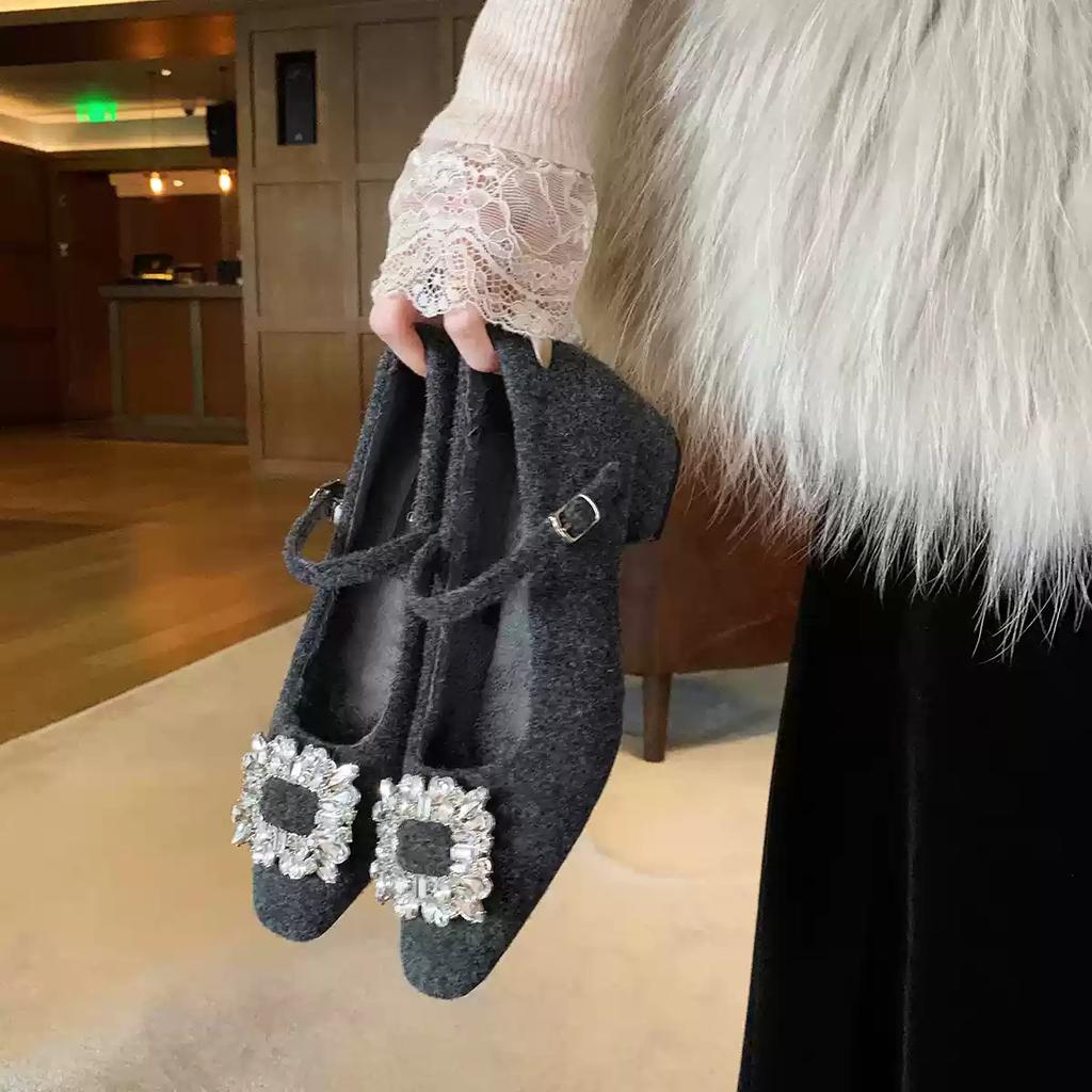 Grape Mother of the Same Style~ Diamond Buckle Small Square Head Velvet with Warm Woolen Thick Heel Mary Jane Single Shoes Women