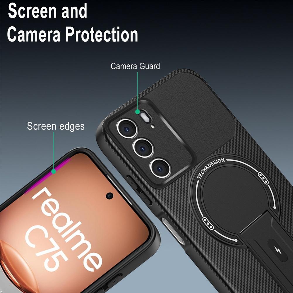 Carbon Fiber Invisible Stand Holder Built-in Magnetic Ring Case for Realme C75 Realme 14 5G Camera Protection Cover