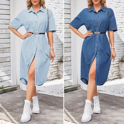 Vestido Jeans Feminino Manga Curta Vestido Jeans Abotoado Lapela Camisa Vestido Verão