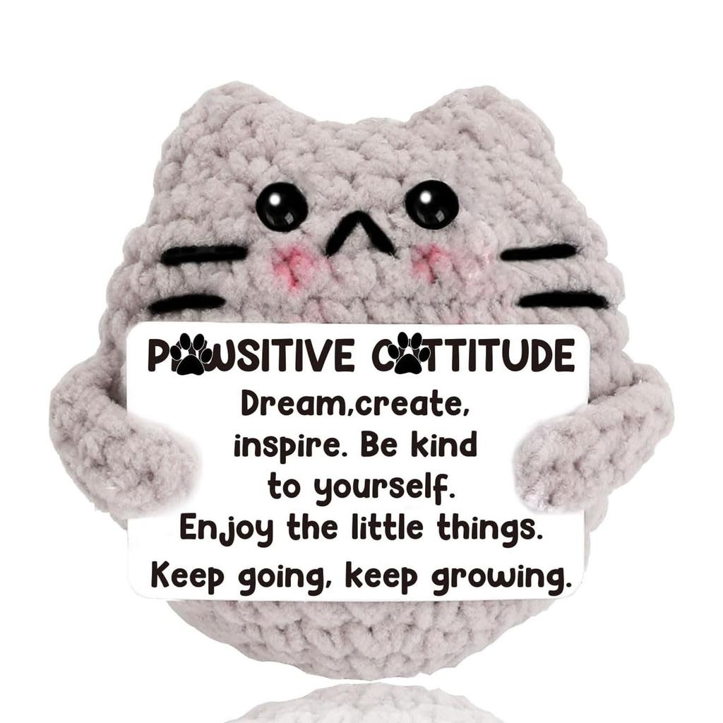 Handmade Knitted Cat Doll With Positive Card Home Room Decoration Funny Crochet Emotional Support Cat Ornament Christmas Gift