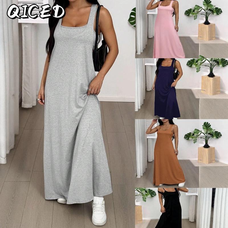 QICED Abiti casual con colletto quadrato senza maniche con stampa tinta unita primavera estate moda donna