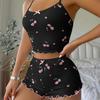 Women's Heart Print Sexy Ribbed Bow Decor Pajama Set, Round Neck Backless Comfortable Crop Cami Top & Shorts, Summer Nightwear