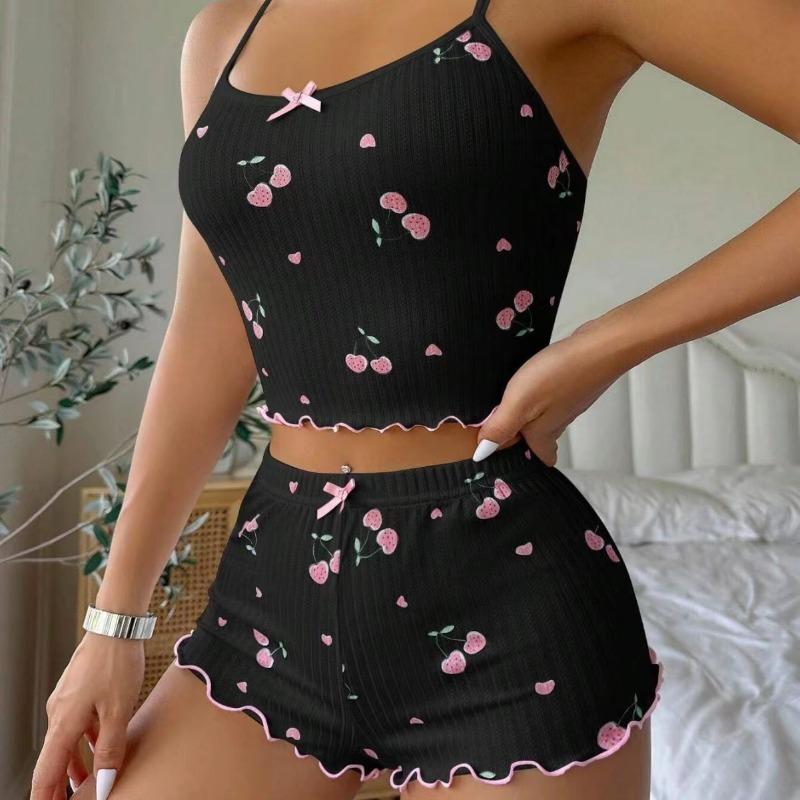 Women's Heart Print Sexy Ribbed Bow Decor Pajama Set, Round Neck Backless Comfortable Crop Cami Top & Shorts, Summer Nightwear