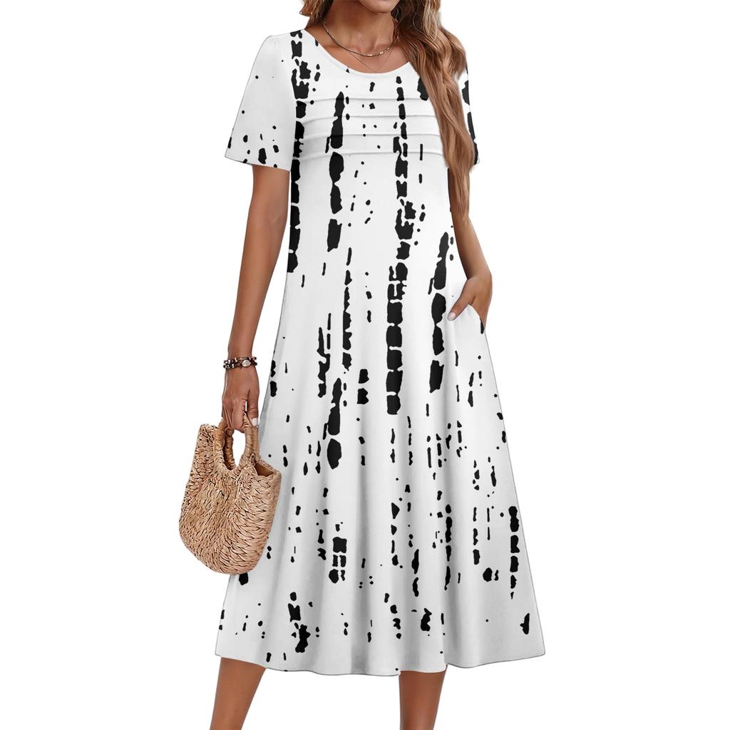 Ladies' Floral Printed Casual And Fashionable Short Sleeved Round Neck Dress
