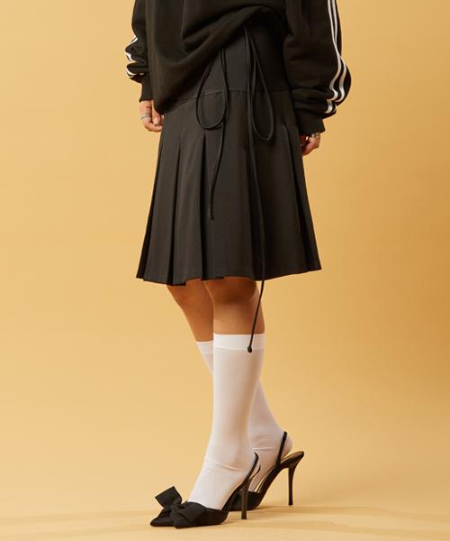 Collet Ribbon Keyring Midi Pleated Long Skirt [Black]