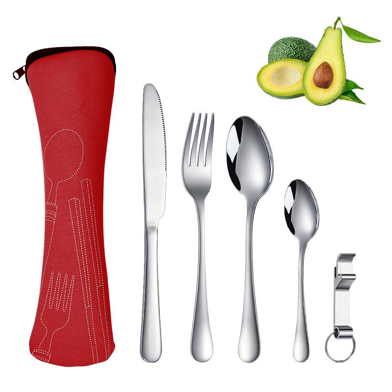 Stainless Steel Travel Cutlery Set: Knife, Fork, Spoon, Bottle Opener with Portable Storage Bag for Outdoor Camping