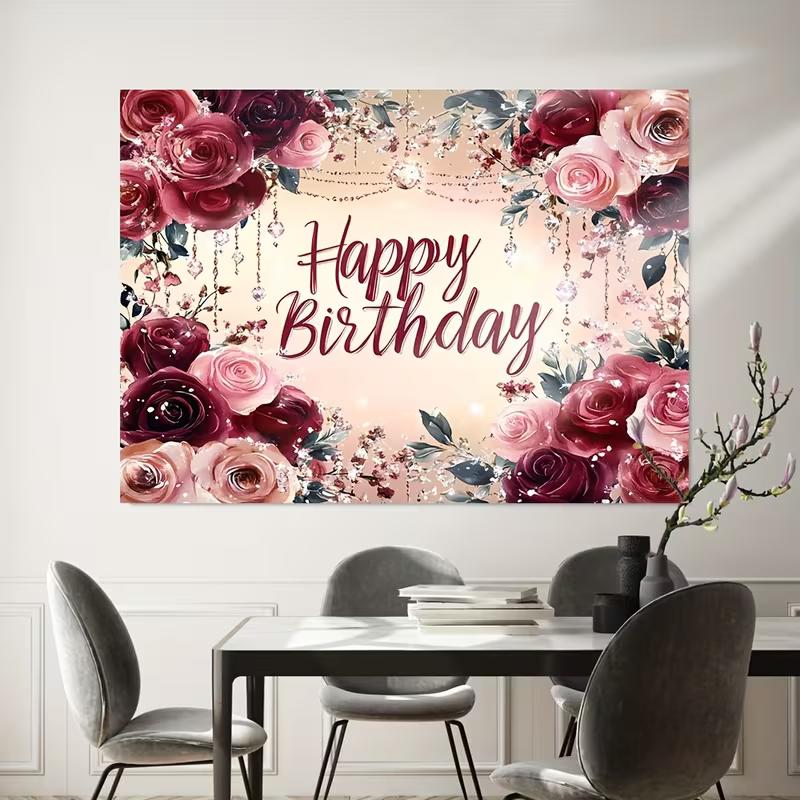 2D Floral Burgundy Pink Happy Birthday Backdrop Banner for Birthday Party Photography Decoration