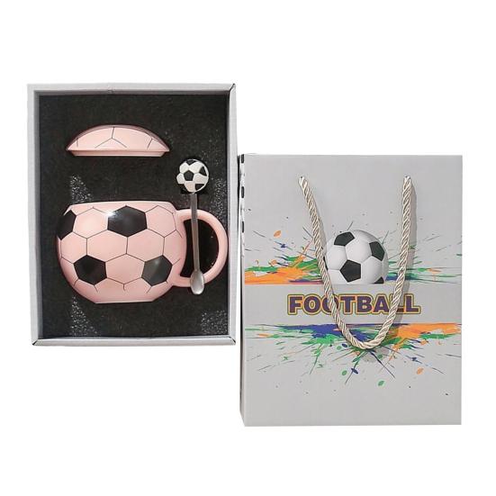 Soccer Ceramic Mug, 400ml Football Shaped Cup with Lid, Black White Hexagon Sports Drinkware for Home Office, Fan Gifts